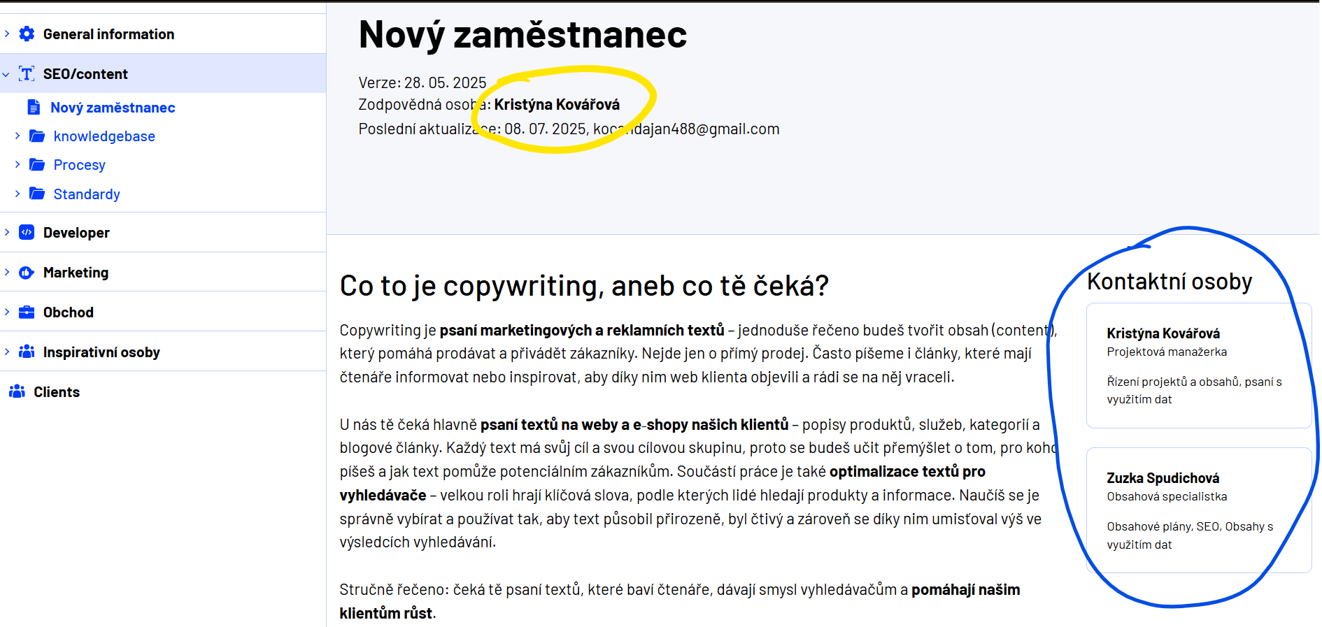 Ukázka kontaktních osob a autora